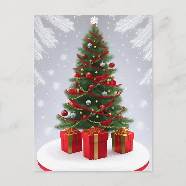 Cartão Postal 🎄 Árvore de Natal Coberta de Neve Brilhando ❄️ Fe (Frente)