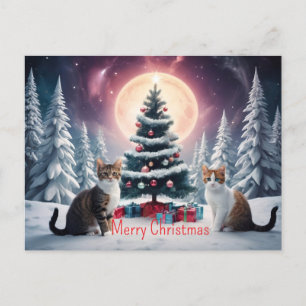 Cartão Postal Árvore de Natal coberta por neve com gatos