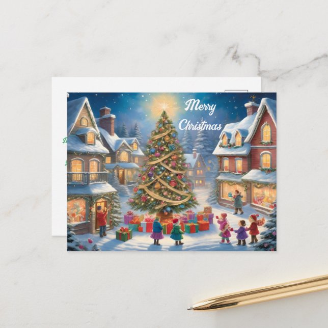 Cartão Postal Árvore de Natal com presentes e crianças Festivas (Frente/Verso In Situ)