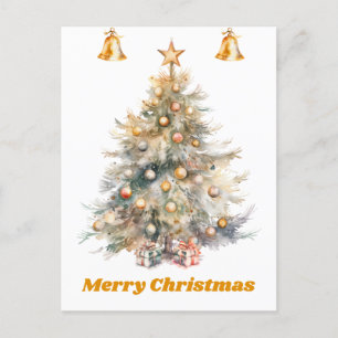 Cartão Postal Árvore de Natal de Aquarela com sinos de jingle,