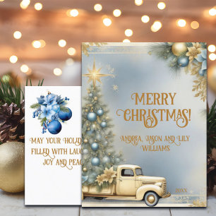 Cartão Postal Árvore de Natal de Carro Dourado Vintage com Purpu