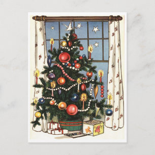 Cartão Postal Árvore de Natal decorada perto da janela, vintage