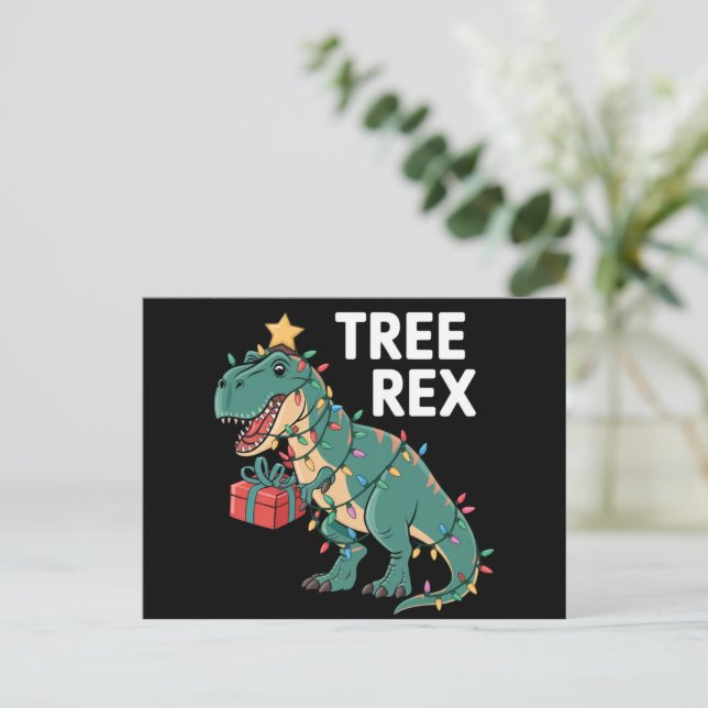 Cartão Postal Árvore de Natal Dinossauro Rex Pajamas Luzes de Na (Em pé/Frente)
