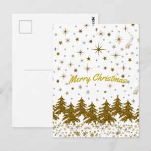 Cartão Postal Árvore de Natal dourada brilhante, estrelas, neve 