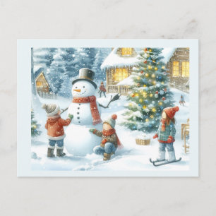 Cartão Postal Árvore de Natal e Boneco de Neve de Férias