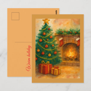 Cartão Postal Árvore de Natal em Aquarela & Lareira Aconchegante