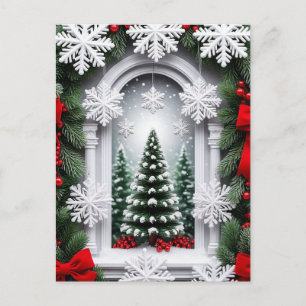 Cartão Postal Árvore de Natal Festiva na Neve de Inverno