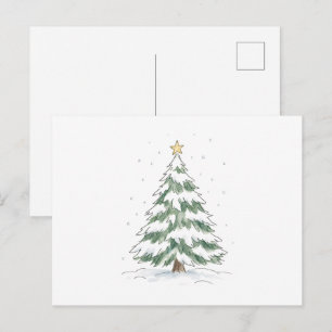 Cartão Postal Árvore de Natal Nevada com Estrela Dourada Aquarel