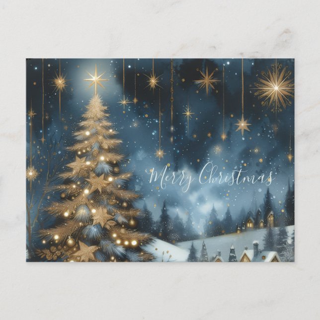 cartão postal árvore de Natal & noite estrelada (Frente)