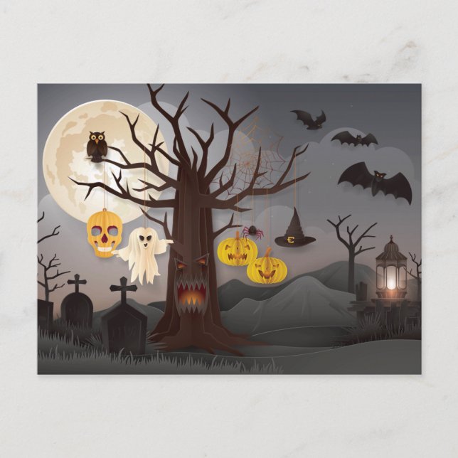 Cartão Postal Árvore de Papercut de Halloween Assustadora, Fanta (Frente)