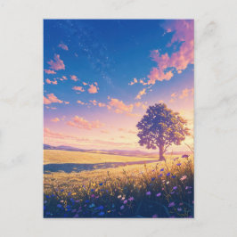 Cartão Postal Árvore do Pôr do Sol Dourado e Céu Estrelado