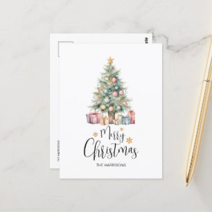 Cartão Postal Árvore e apresentações de natal Elegante Watercolo