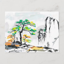 Cartão Postal Árvore e Paisagem com Vila de Montanha