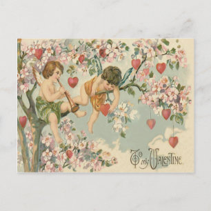 Cartão Postal Árvore Magnólia Flauta Coração Cupido Querubim