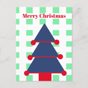 Cartão Postal Árvore Natal Moderna Gingham Verde Saudação Azul