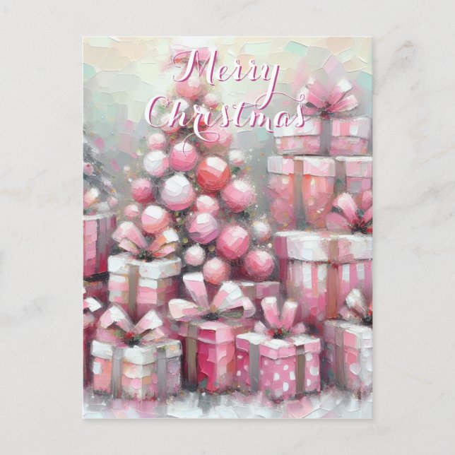 Cartão Postal Árvore Rosa e Apresenta Natal Personalizado (Frente)