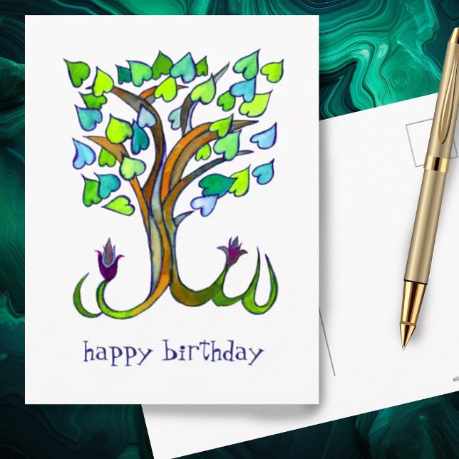 Cartão Postal Árvore Sweet Heart ÁRVORE DE FELIZ ANIVERSÁRIO PER (Pretty heart shaped leaves on this watercolor tree makes a cute custom birthday postcard)