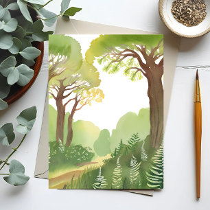 Cartão Postal Árvores da Floresta Verde Aquarela Bonita da Nat