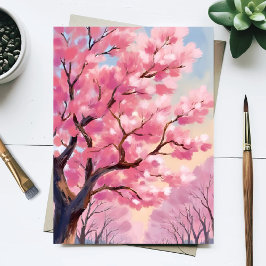Cartão Postal Árvores de Cerejeira em Flor Pintura Floral Rosa