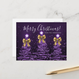 Cartão Postal Árvores de Natal Roxas Elegantes Feriado Laços Dou