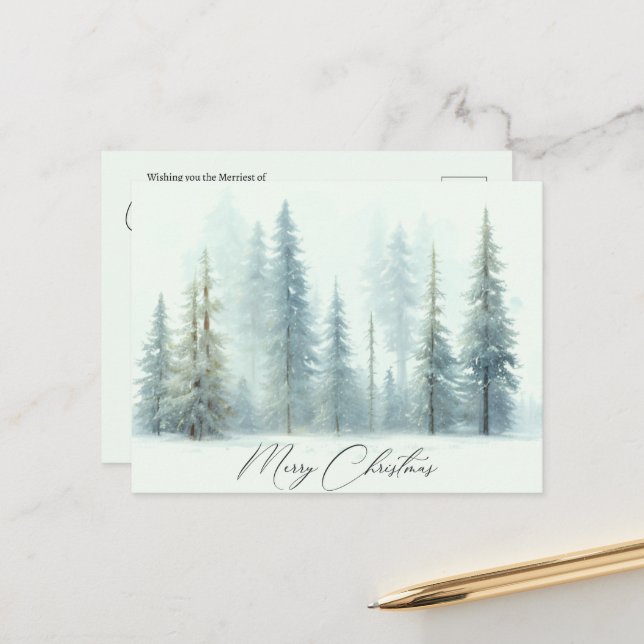 Cartão Postal Árvores nevadas aquarela Natal personalizado (Frente/Verso In Situ)