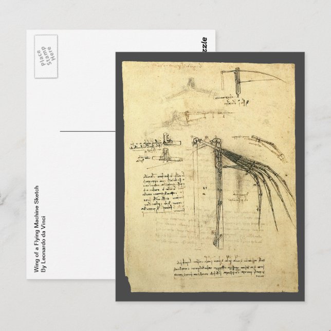 Cartão Postal Asa de Leonardo da Vinci no Esboço da Máquina Voad (Frente/Verso)