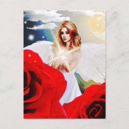 Cartão Postal Asa de Rosa Vermelha do Anjo Luar Arte de Fantasia