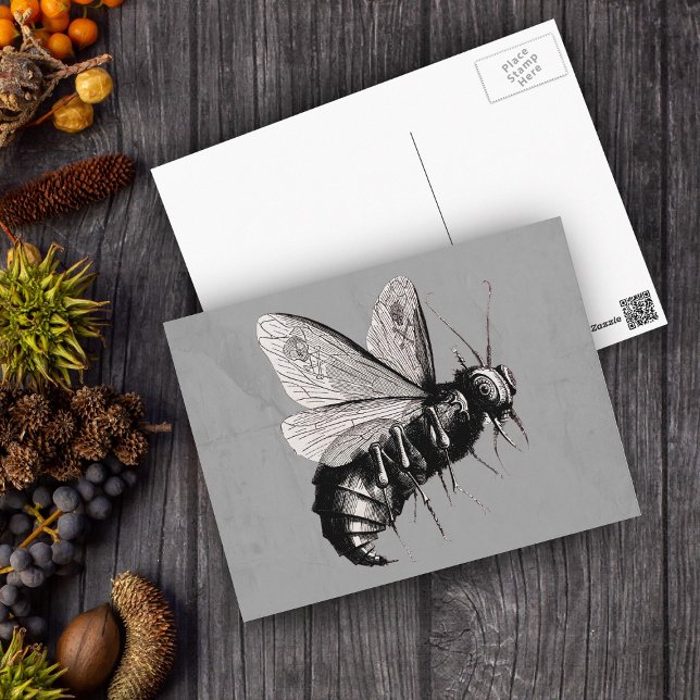 Cartão Postal Asas do crânio da abelha gótica (Big Gothic black white bee skull crossbones on wings on grey postcard.)