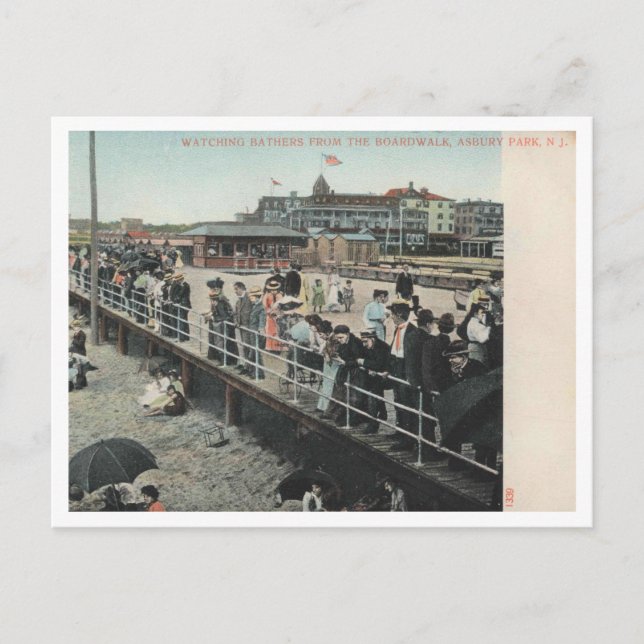 Cartão Postal Asbury Park NJ, Watching Bathers, Boardwalk, 1906 (Frente)