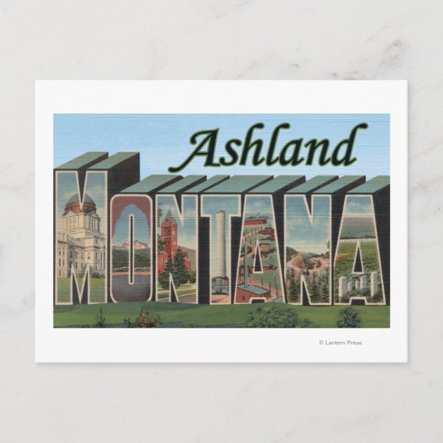 Cartão Postal Ashland, Montana - Cenas com Letras Grandes (Frente)
