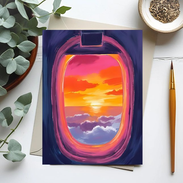Cartão Postal Assento da Janela Pôr do Sol Avião Viagem Pintura (Criador carregado)