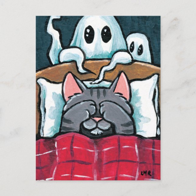 Cartão Postal Assustado com Ghosts Tabby Cat na Filha da Cama (Frente)