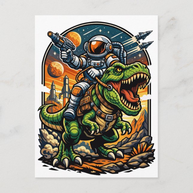 Cartão Postal Astronaut Riding a T-Rex – Epic Space Dinosaur (Frente)