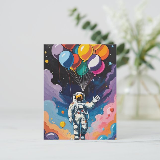 Cartão Postal Astronauta com balões coloridos no espaço (Em pé/Frente)