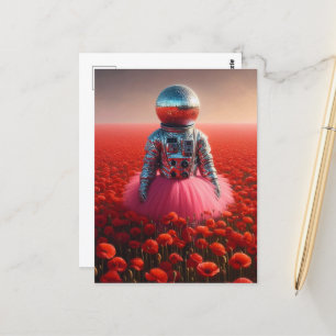 Cartão Postal astronauta de disco em um campo de papoila vermelh