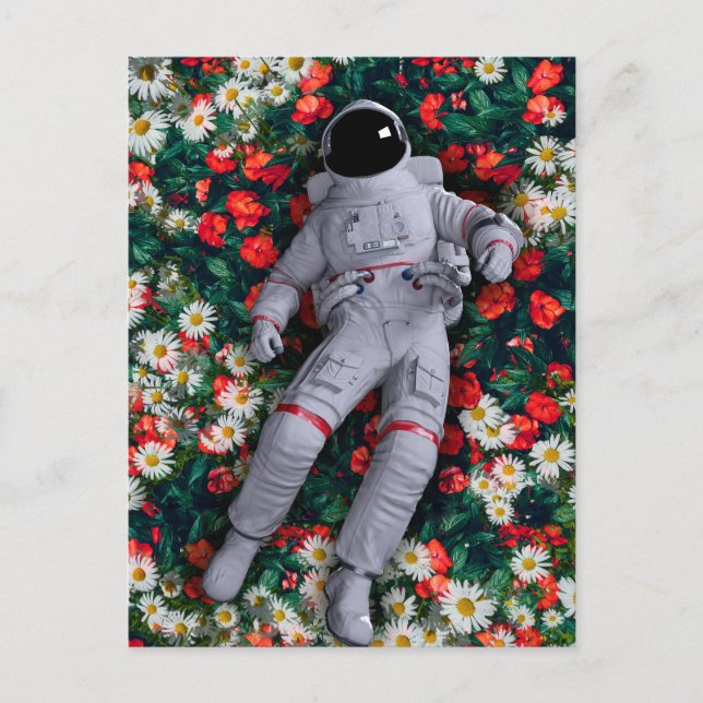 Cartão Postal Astronauta em Flores Vermelhas e Brancas (Frente)