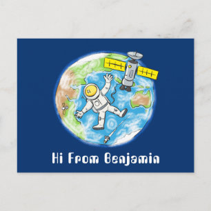 Cartão Postal Astronauta engraçado no espaço e na banda desenh