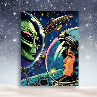 Cartão Postal Astronauta feminino encontra Alienígena extraterre
