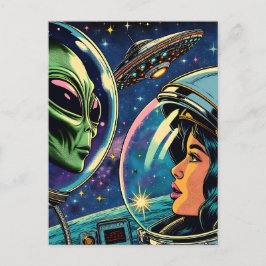 Cartão Postal Astronauta feminino encontra Alienígena extraterre