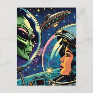 Cartão Postal Astronauta feminino encontra Alienígena extraterre
