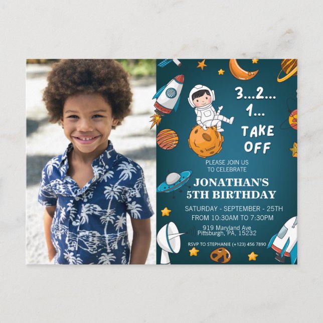 Cartão Postal Astronauta Foto Personalizada Espaço planetas tema (Frente)