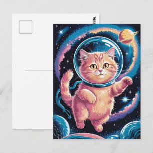 Cartão Postal Astronauta Galáxia Planeta Espaço Gato Gatito Gati