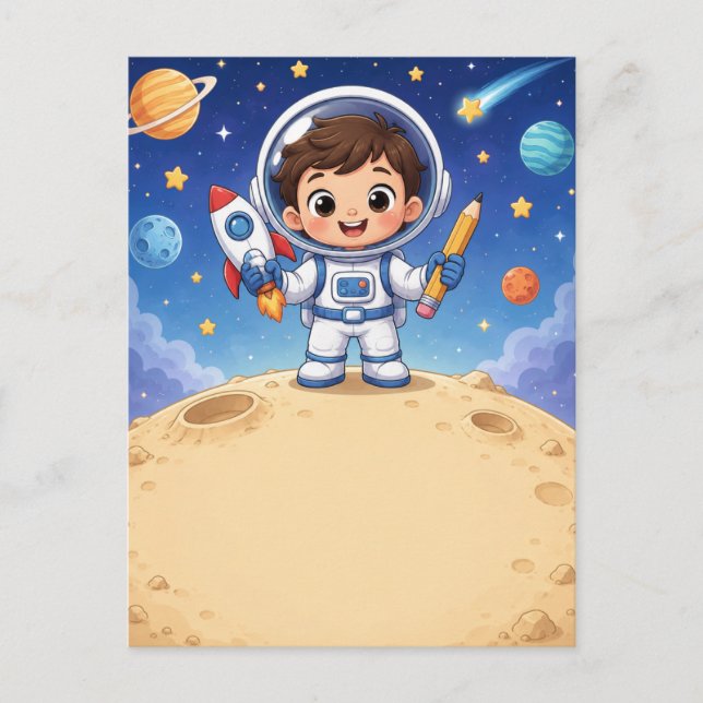 Cartão Postal Astronauta Mirim Pronto para Explorar a Escola (Frente)