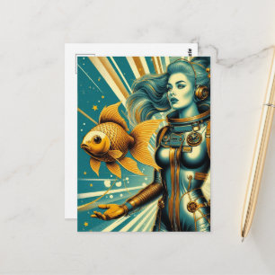 Cartão Postal astronauta mulher e peixe dourado