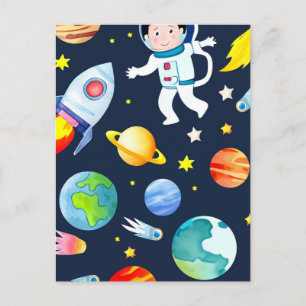 Cartão Postal Astronauta no Espaço Planetas e Foguetes Padrão
