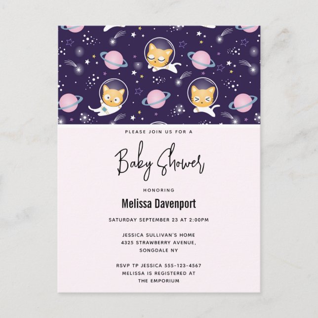 Cartão Postal Astronautas de Gatinho Fofo Padrão Chá de Bebê (Frente)