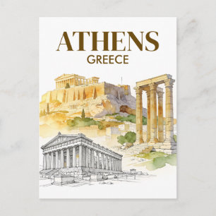 Cartão Postal Atenas Grécia Acrópole Aquarela Esboço Viagem