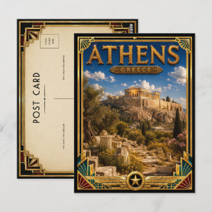 Cartão Postal Atenas Grécia Vintage Acrópole Art Déco Dourado