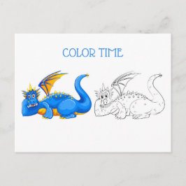 Cartão Postal Atividade de Colorir Dragão Rindo Azul e Amarelo