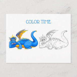 Cartão Postal Atividade de Colorir Dragão Rindo Azul e Amarelo